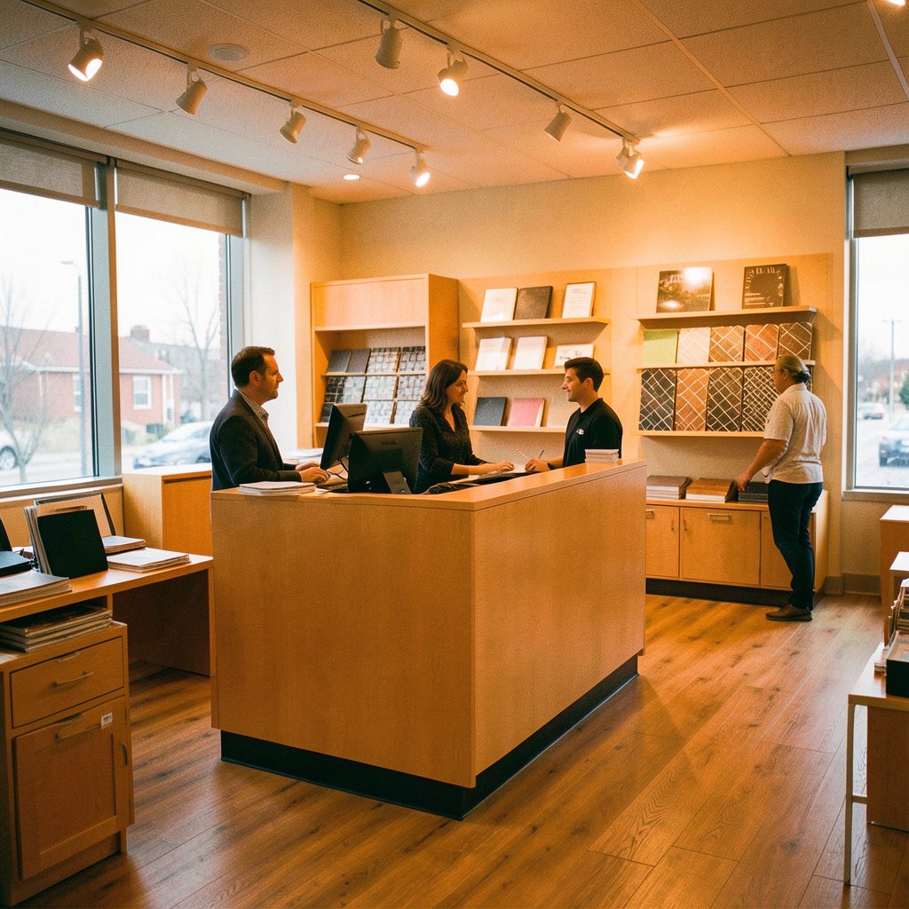 Candid documentary photograph of a company service desk or showroom interior with warm lighting, wood flooring samples on display, and a professional atmosphere.
