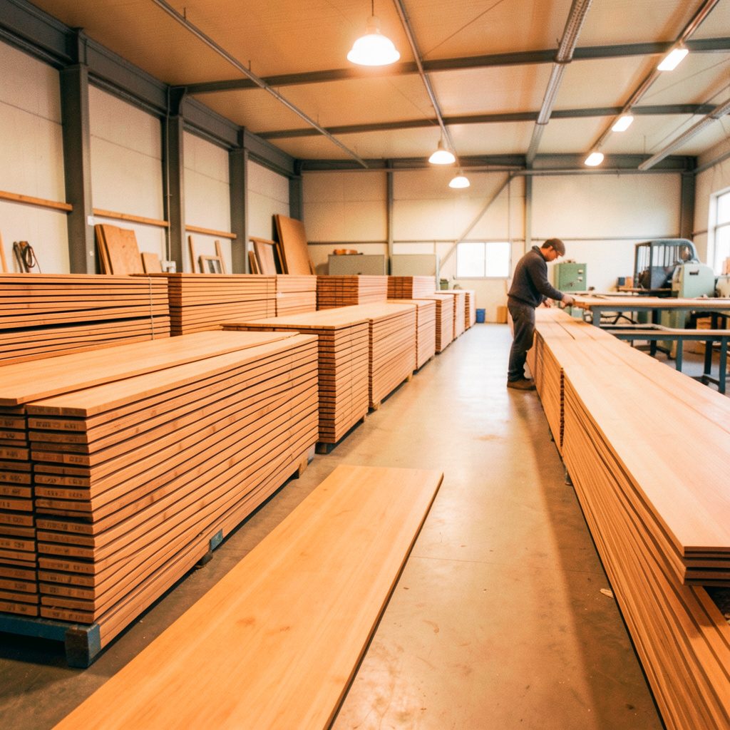 A clean manufacturing workshop with rows of neatly stacked WPC decking boards in natural wood tones, soft overhead lighting, and an orderly industrial atmosphere.