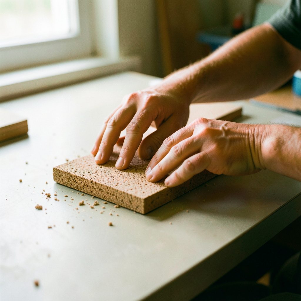 A close documentary view of hands gently placing a sample of textured WPC decking onto a clean workbench, with soft daylight and muted greens and browns.