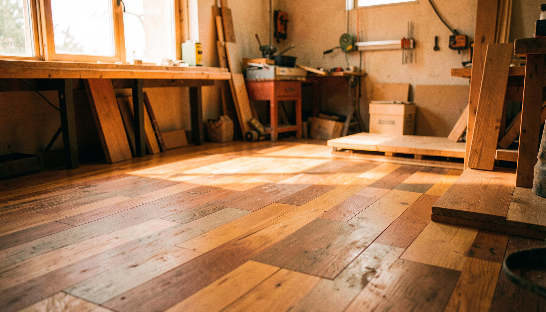 Warm natural light falling across a workshop floor covered with wood-plastic composite planks in varied earth tones, conveying craftsmanship and sustainable manufacturing.
