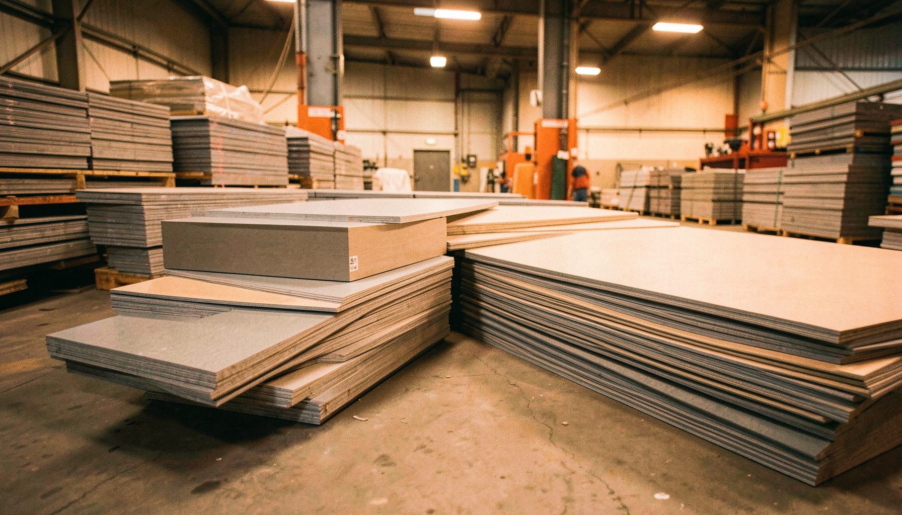 Factory floor with stacks of finished SPC flooring panels in neutral grey and beige, bathed in soft overhead light.