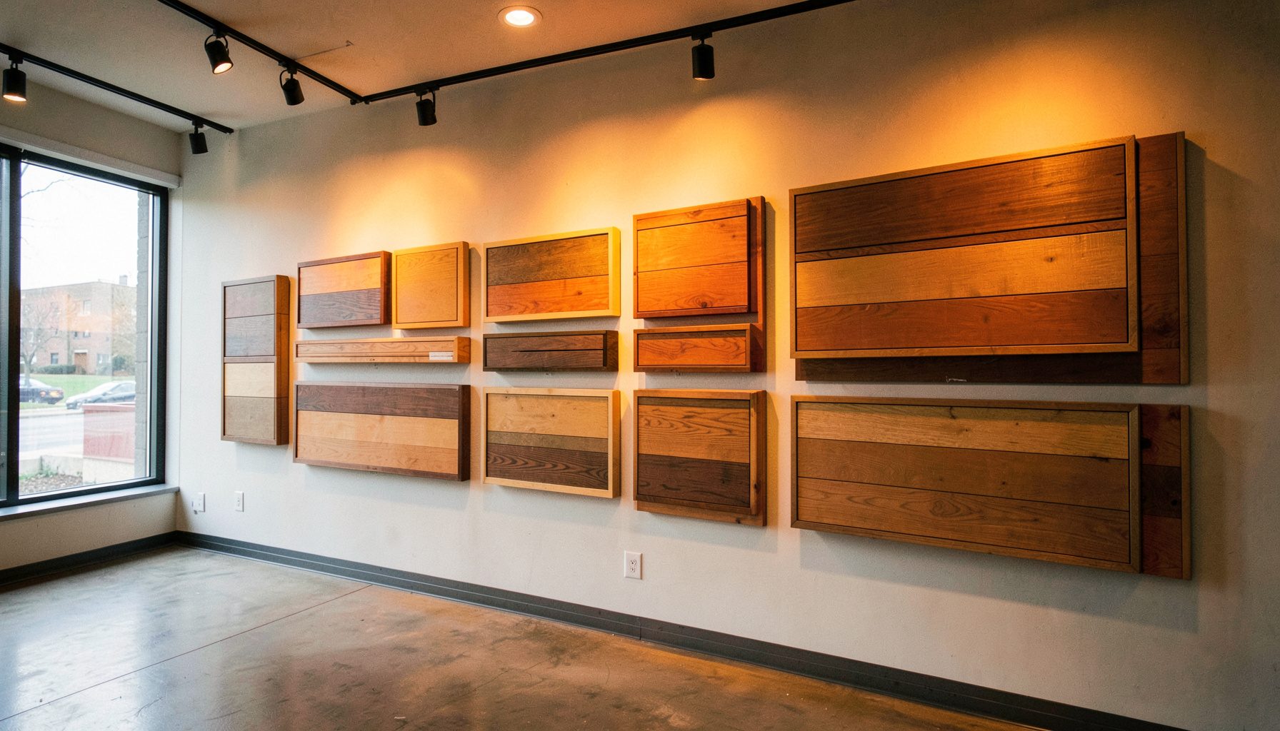Modern interior showroom displaying various WPC decking samples mounted on a feature wall, with warm track lighting.