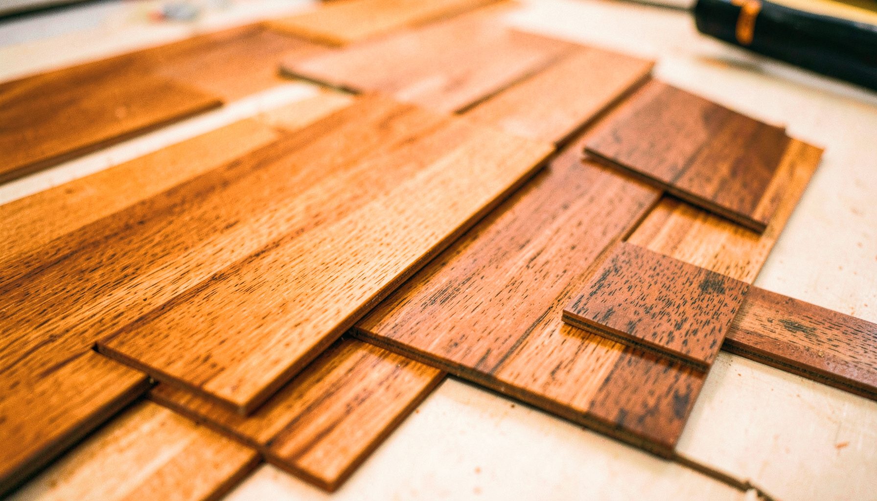 Close-up of textured wood-plastic composite flooring planks in warm oak and walnut tones, arranged in a staggered pattern on a clean workshop surface.