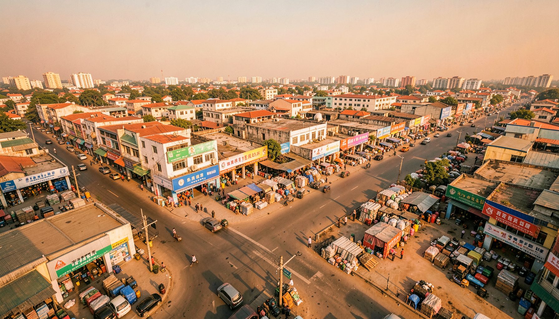 Aerial view of a bustling building materials market district in Nanchang, with rows of commercial storefronts, wide access roads, and a clear sky overhead.