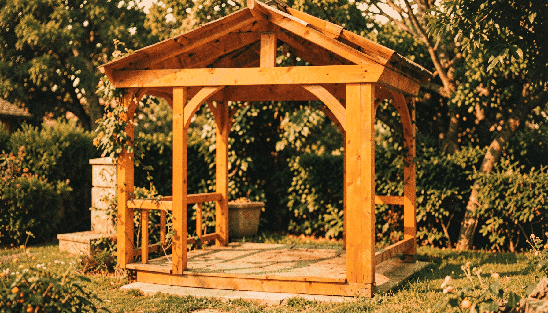 Stylized icon of a garden gazebo or arbor structure, representing outdoor wooden architecture.