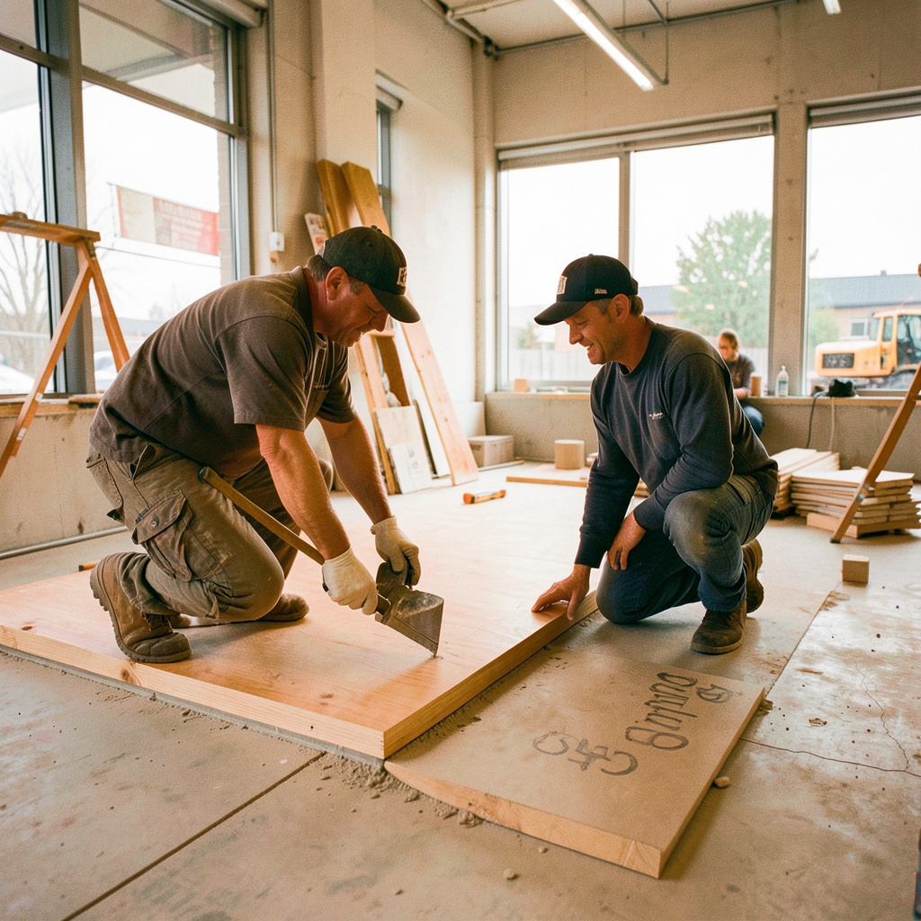 Candid documentary photograph of SPC flooring installation in progress at a commercial project site, with natural light and warm neutral tones.