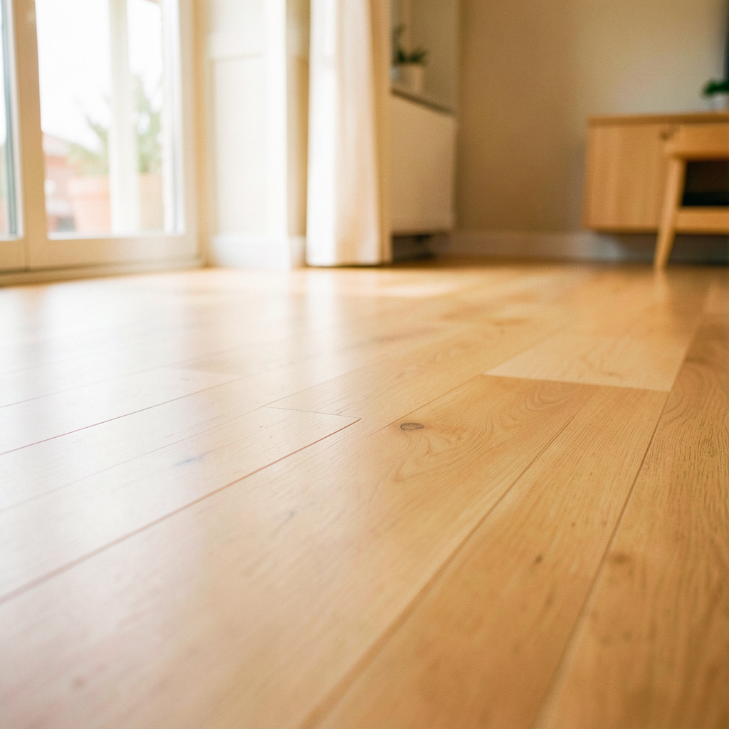 Warm-toned photograph of smooth wood-plastic composite flooring planks in a light-filled interior, with soft beige and honey-brown tones and a clean, modern residential feel.
