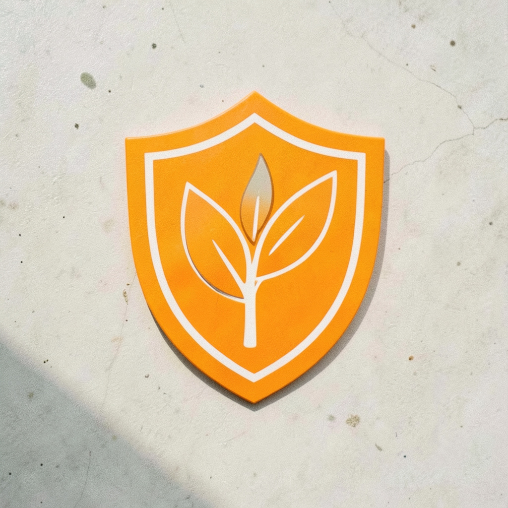 Stylized icon of a shield with a leaf motif, representing environmental certification and eco-friendly materials.