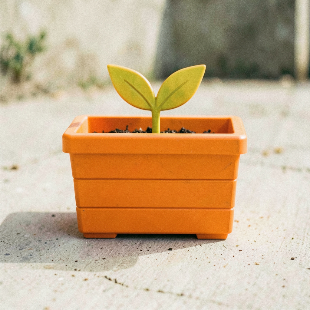 Stylized icon of a planter box with a small leaf, representing plastic-wood flower boxes.