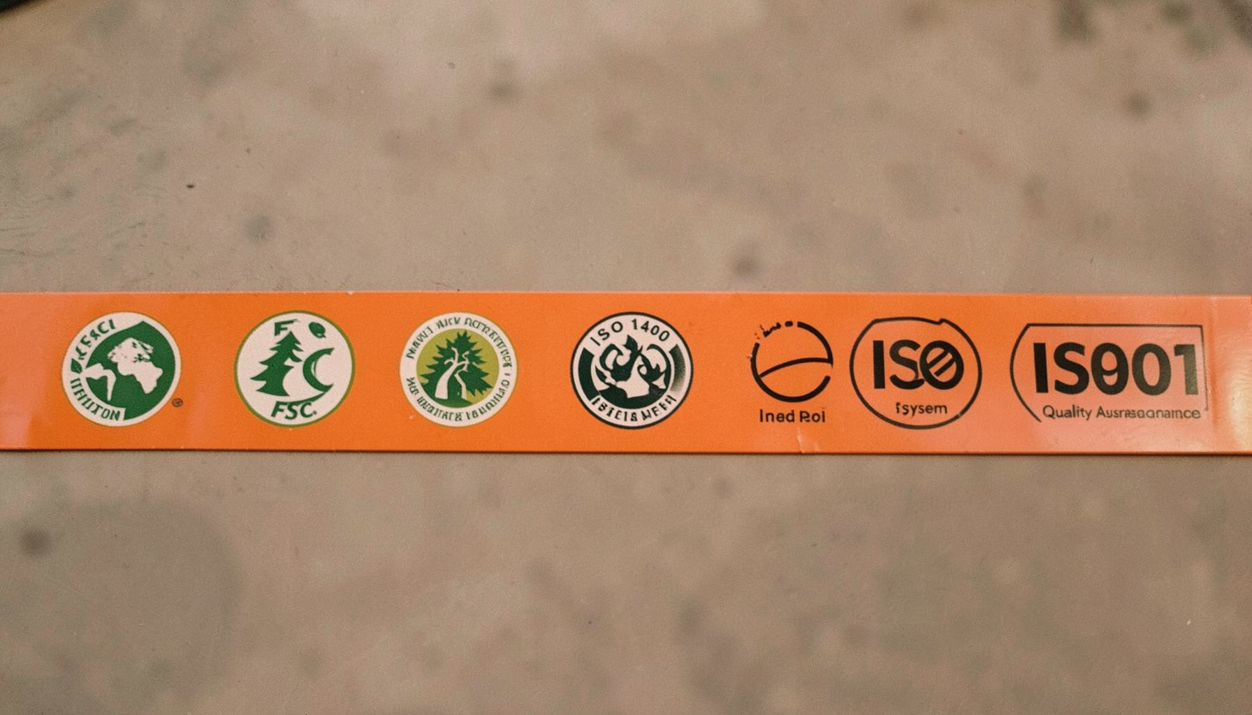 Certification logos strip including FSC forest certification, ISO1400 system certification, and ISO9001 quality assurance marks in a horizontal row.