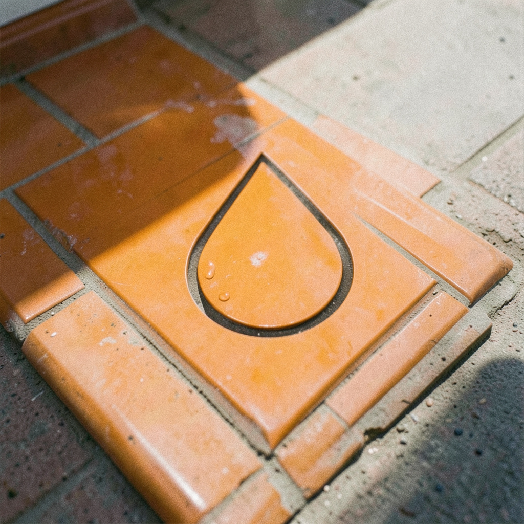 Stylized icon of a floor tile with a water droplet symbol, indicating waterproof flooring.