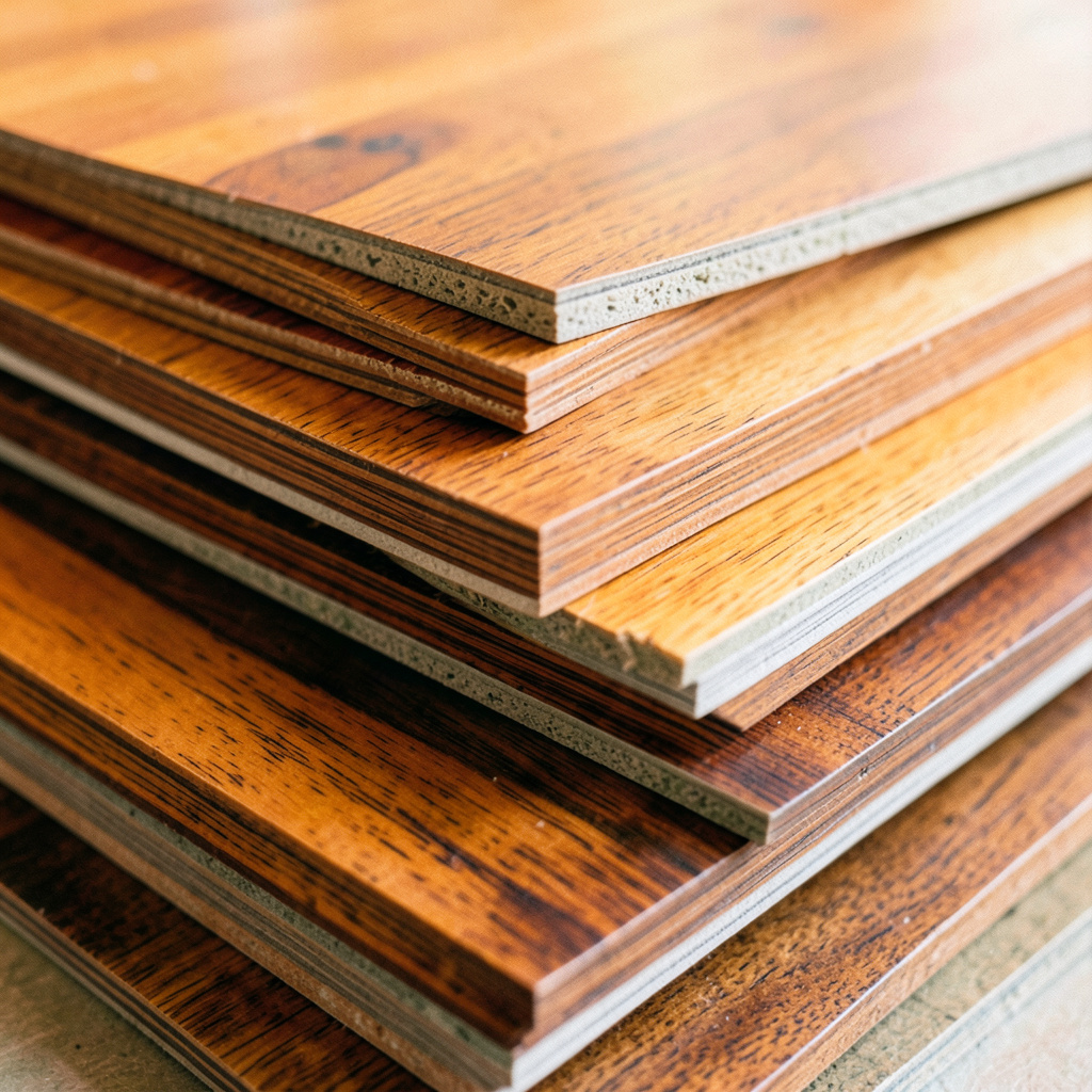 Close-up documentary photograph of stacked SPC stone-plastic flooring samples showing varied wood-grain textures in warm oak and walnut tones, with soft natural daylight.