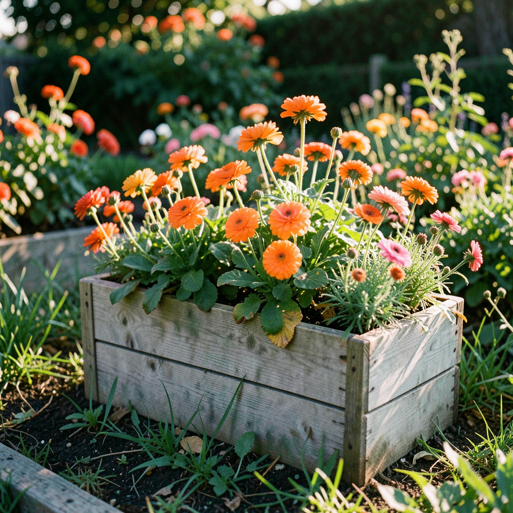 Candid documentary photograph of an outdoor garden with a plastic-wood flower box filled with blooming plants, warm afternoon sunlight.
