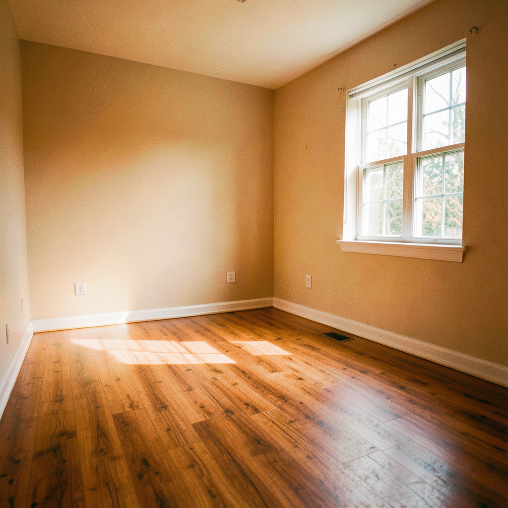 Candid documentary photograph of a residential living room with warm wood-composite flooring, soft beige walls, and natural daylight streaming through a window.
